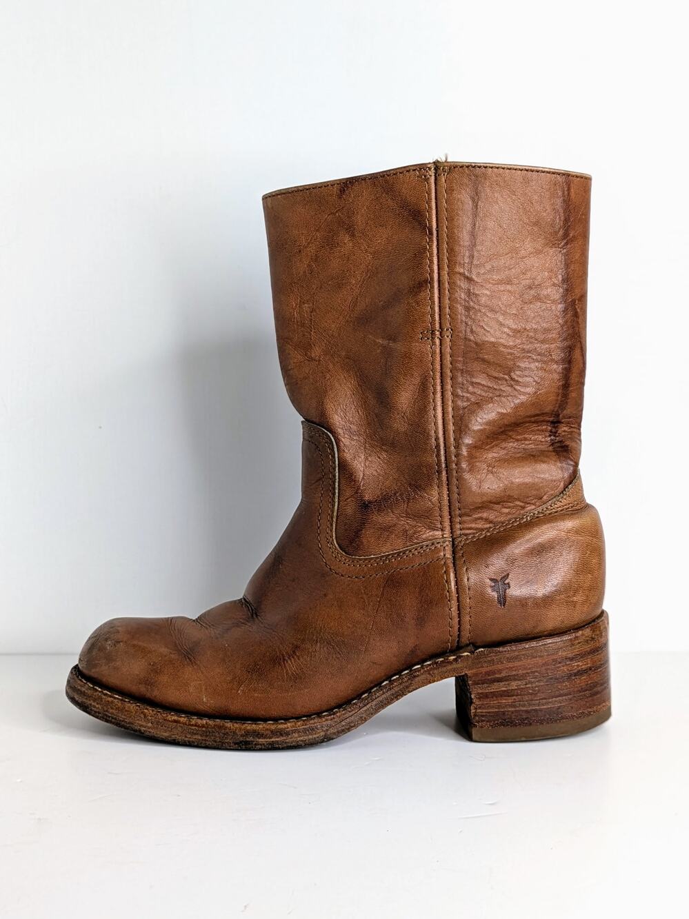 Frye Campus Mid Calf Boots 8.5N Cognac Brown Leather Pull On USA Narrow Heel